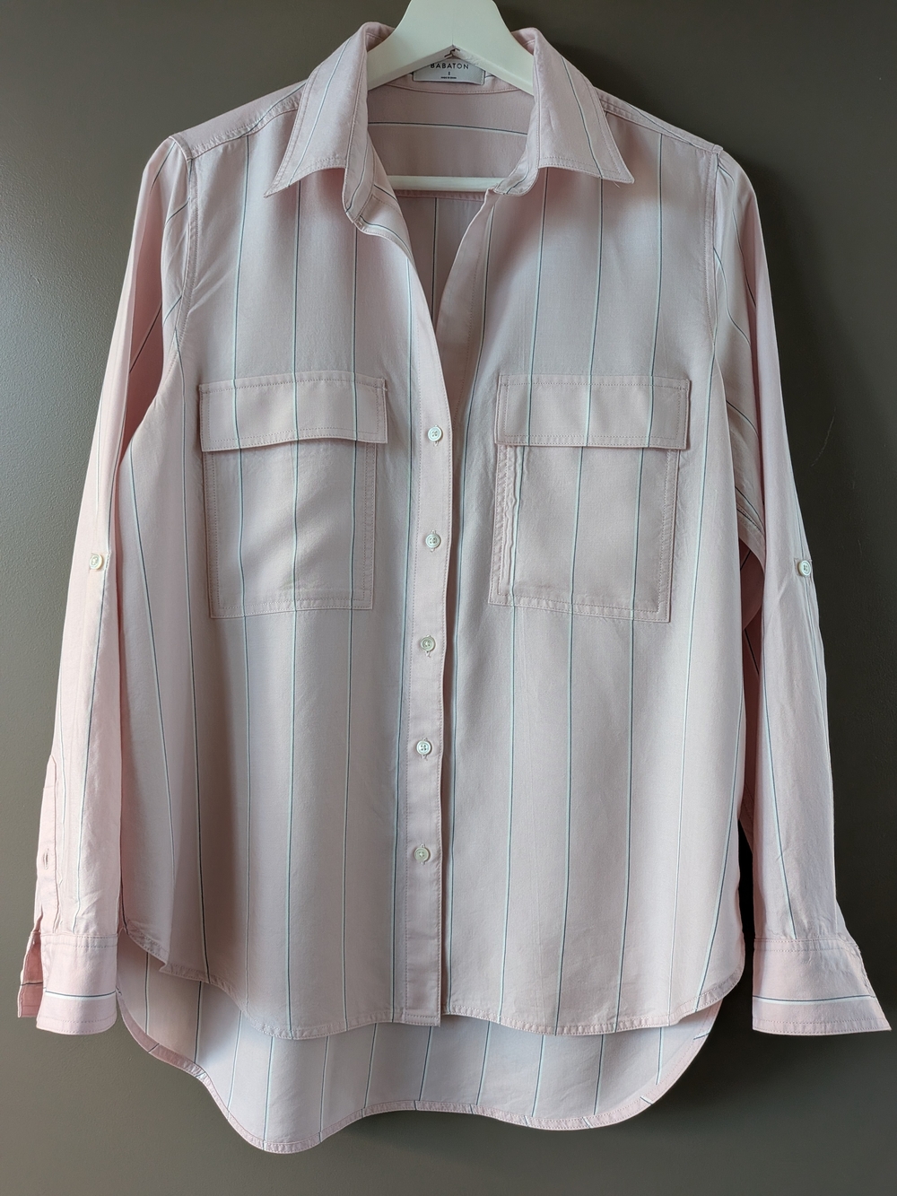 Aritzia Babaton Striped Pink Utility Shirt Tencel Lyocell Roll Tab Blouse S